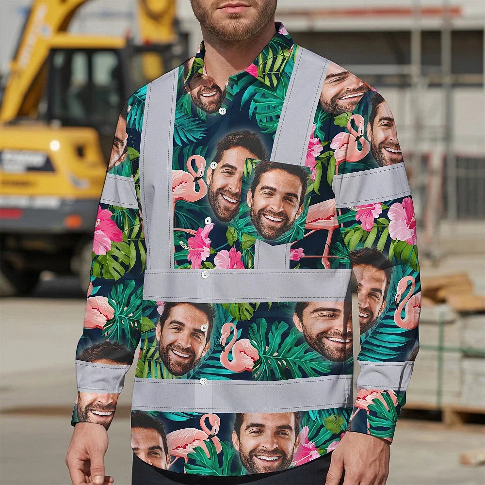 Hi Vis Hawaiian Long Sleeve Shirt Reflective Tapes Pink And Green 2 Custom Name And Photo Safety Workwear For Workers, Truckers, Operators