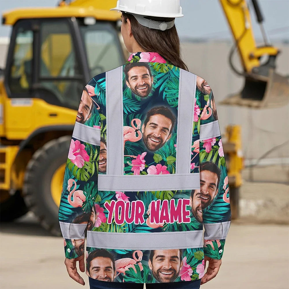 Hi Vis Hawaiian Long Sleeve Shirt Reflective Tapes Pink And Green 2 Custom Name And Photo Safety Workwear For Workers, Truckers, Operators