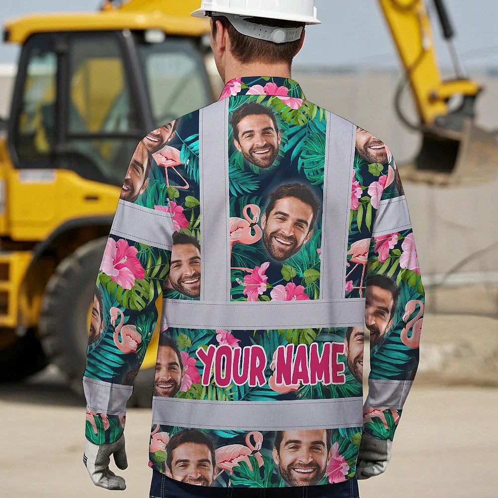 Hi Vis Hawaiian Long Sleeve Shirt Reflective Tapes Pink And Green 2 Custom Name And Photo Safety Workwear For Workers, Truckers, Operators