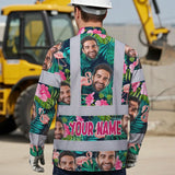 Hi Vis Hawaiian Long Sleeve Shirt Reflective Tapes Pink And Green 2 Custom Name And Photo Safety Workwear For Workers, Truckers, Operators