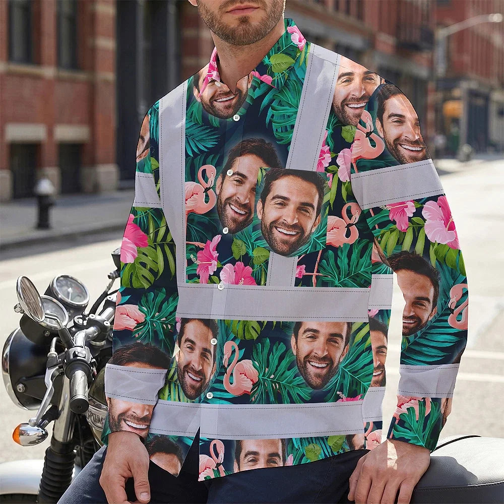 Hi Vis Hawaiian Long Sleeve Shirt Reflective Tapes Pink And Green 2 Custom Name And Photo Safety Workwear For Workers, Truckers, Operators