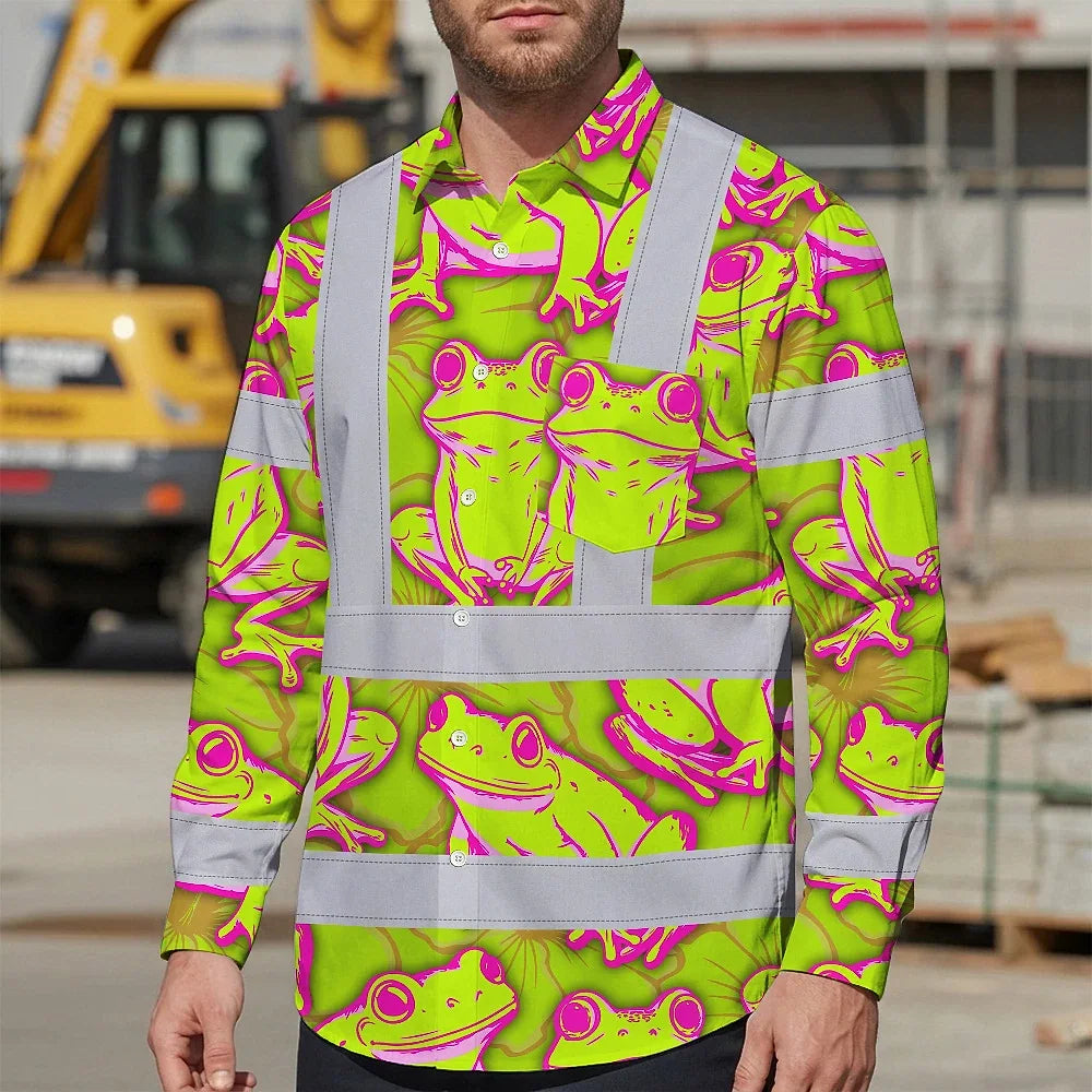 Hi Vis Hawaiian Long Sleeve Shirt Reflective Tapes Pink And Lime Neon Frog Custom Name Safety Workwear For Workers, Truckers, Operators