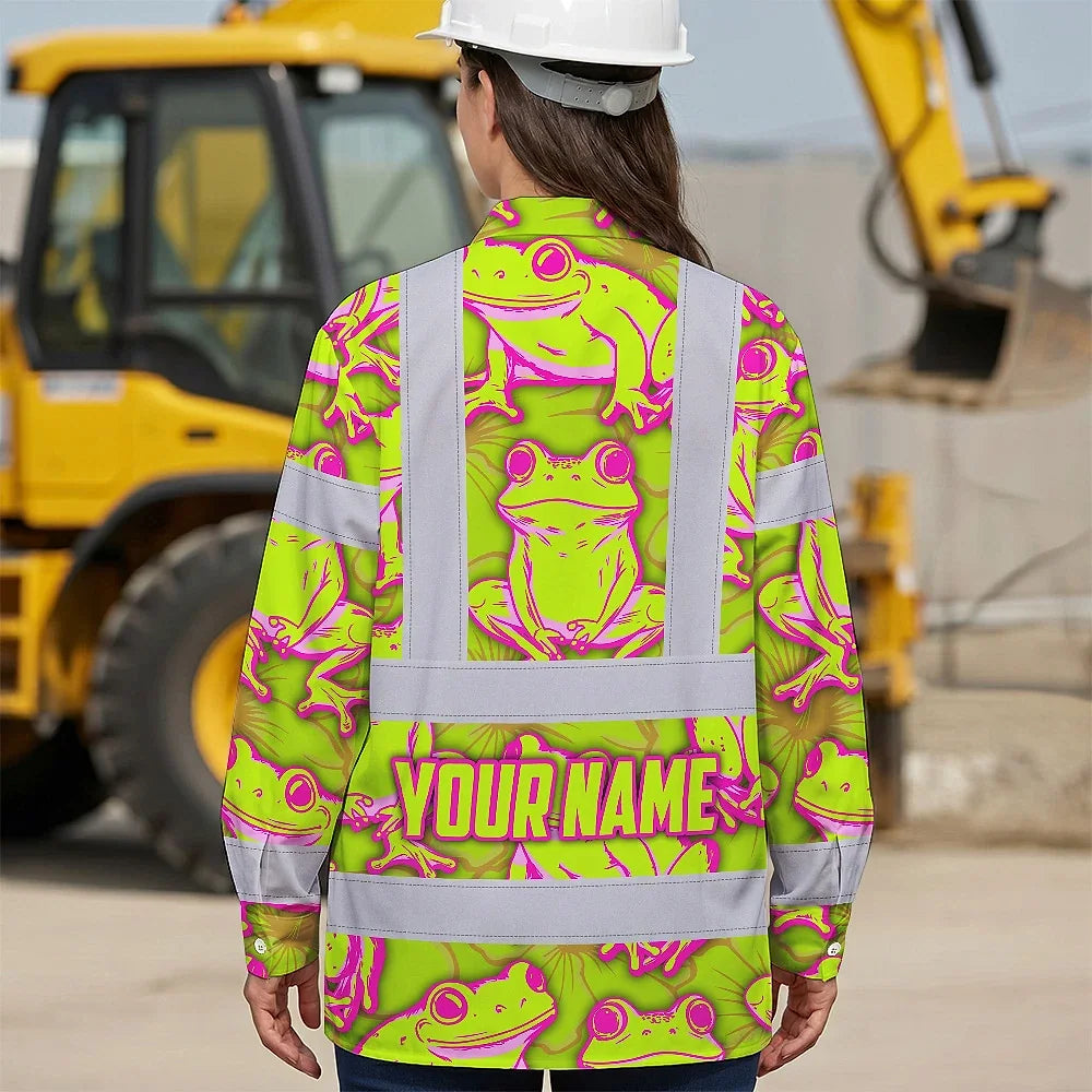 Hi Vis Hawaiian Long Sleeve Shirt Reflective Tapes Pink And Lime Neon Frog Custom Name Safety Workwear For Workers, Truckers, Operators