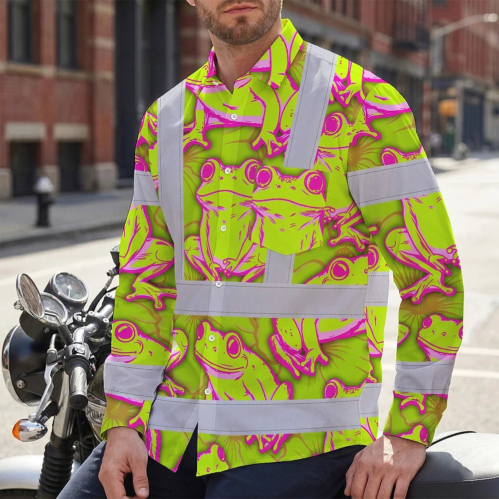 Hi Vis Hawaiian Long Sleeve Shirt Reflective Tapes Pink And Lime Neon Frog Custom Name Safety Workwear For Workers, Truckers, Operators