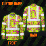 Hi Vis Hawaiian Long Sleeve Shirt Reflective Tapes Pink And Lime Neon Frog Custom Name Safety Workwear For Workers, Truckers, Operators