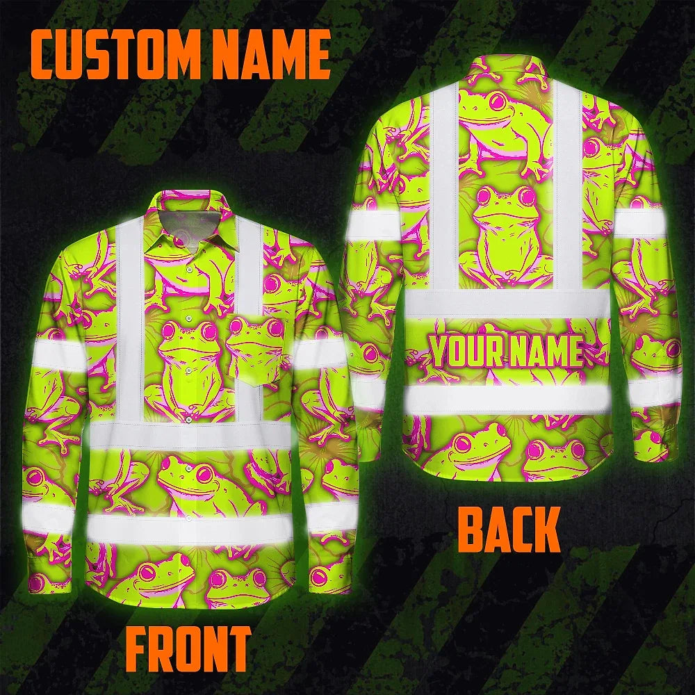 Hi Vis Hawaiian Long Sleeve Shirt Reflective Tapes Pink And Lime Neon Frog Custom Name Safety Workwear For Workers, Truckers, Operators