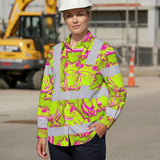 Hi Vis Hawaiian Long Sleeve Shirt Reflective Tapes Pink And Lime Neon Frog Custom Name Safety Workwear For Workers, Truckers, Operators