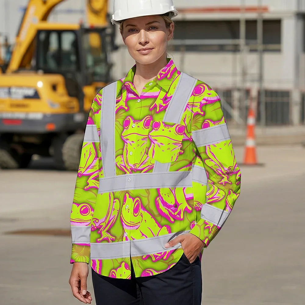 Hi Vis Hawaiian Long Sleeve Shirt Reflective Tapes Pink And Lime Neon Frog Custom Name Safety Workwear For Workers, Truckers, Operators