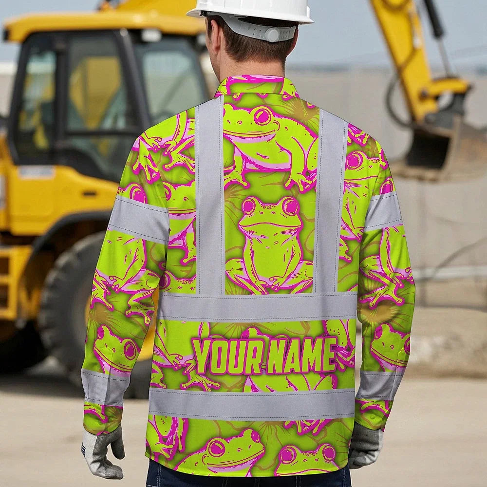 Hi Vis Hawaiian Long Sleeve Shirt Reflective Tapes Pink And Lime Neon Frog Custom Name Safety Workwear For Workers, Truckers, Operators
