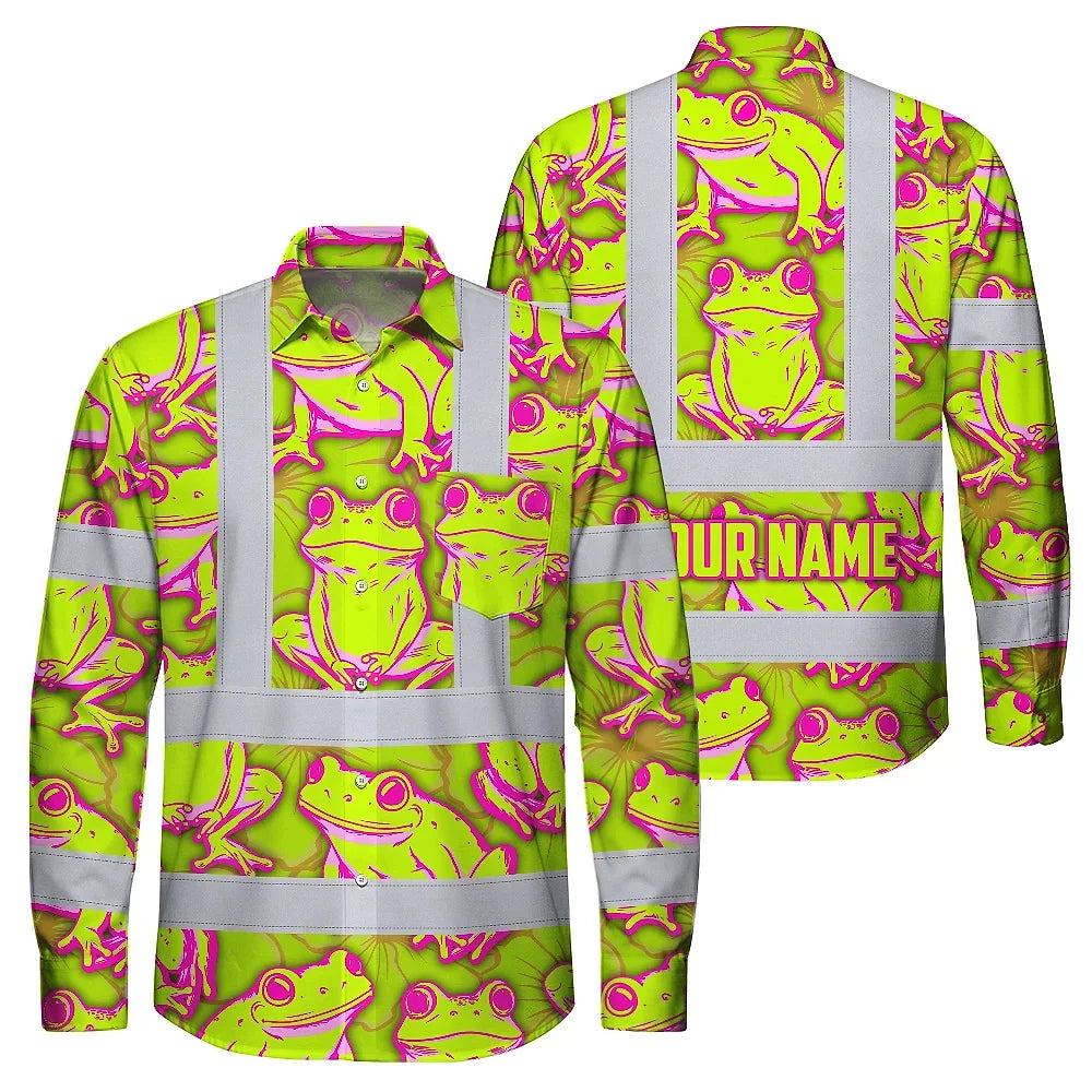 Hi Vis Hawaiian Long Sleeve Shirt Reflective Tapes Pink And Lime Neon Frog Custom Name Safety Workwear For Workers, Truckers, Operators