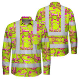 Hi Vis Hawaiian Long Sleeve Shirt Reflective Tapes Pink And Lime Neon Frog Custom Name Safety Workwear For Workers, Truckers, Operators