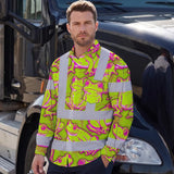 Hi Vis Hawaiian Long Sleeve Shirt Reflective Tapes Pink And Lime Neon Frog Custom Name Safety Workwear For Workers, Truckers, Operators