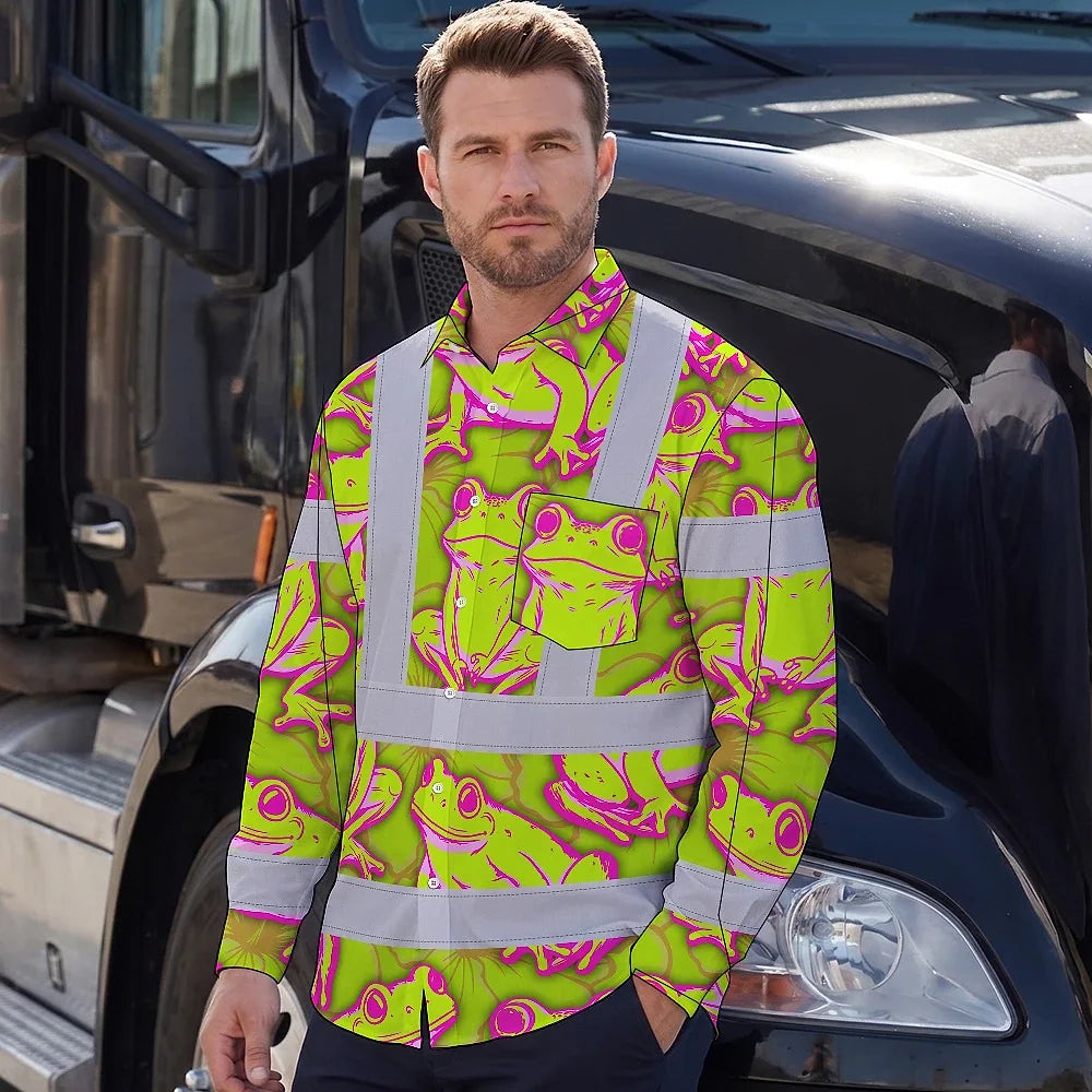 Hi Vis Hawaiian Long Sleeve Shirt Reflective Tapes Pink And Lime Neon Frog Custom Name Safety Workwear For Workers, Truckers, Operators