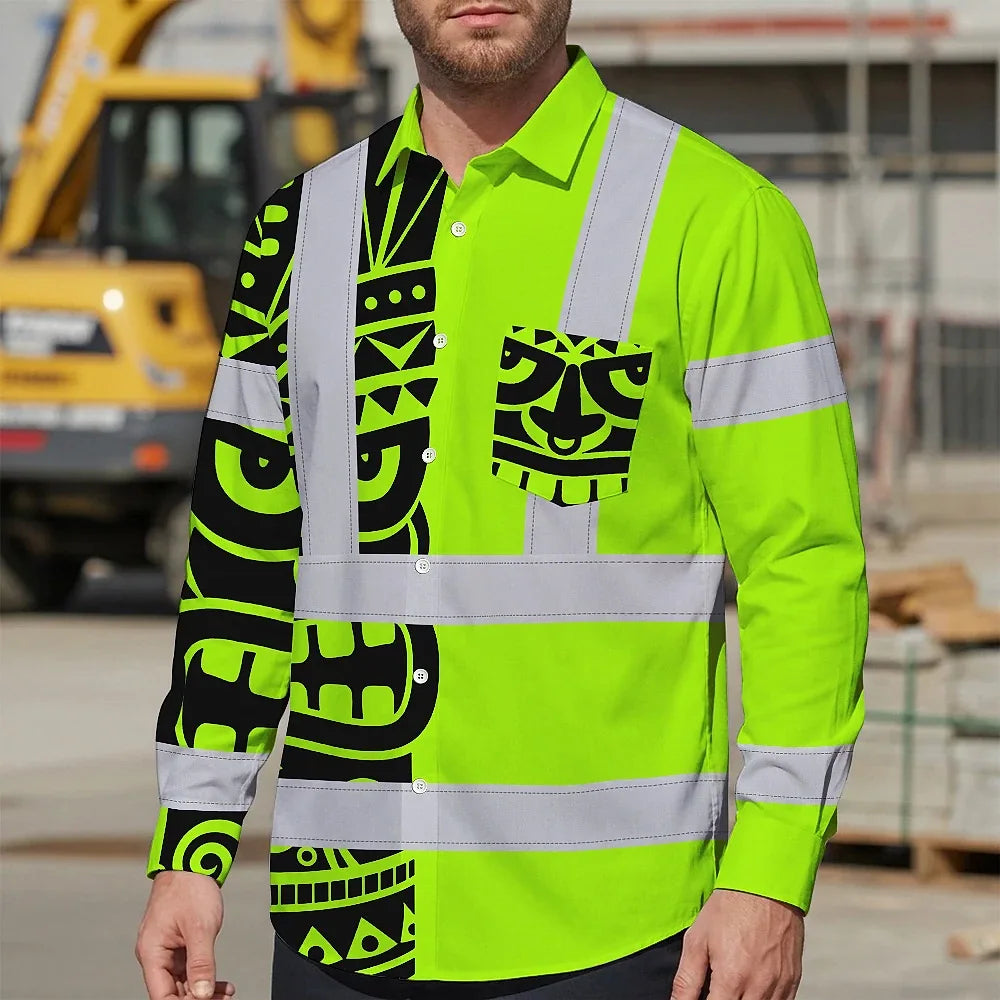 Hi Vis Hawaiian Long Sleeve Shirt Reflective Tapes TiKi Hawaiian Polynesian Tribal Custom Name Safety Workwear For Workers, Truckers, Operators