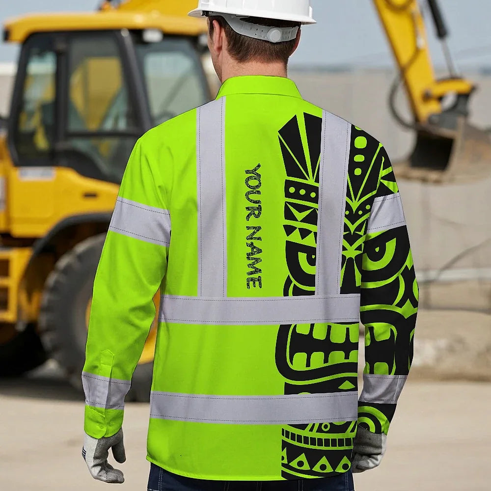 Hi Vis Hawaiian Long Sleeve Shirt Reflective Tapes TiKi Hawaiian Polynesian Tribal Custom Name Safety Workwear For Workers, Truckers, Operators