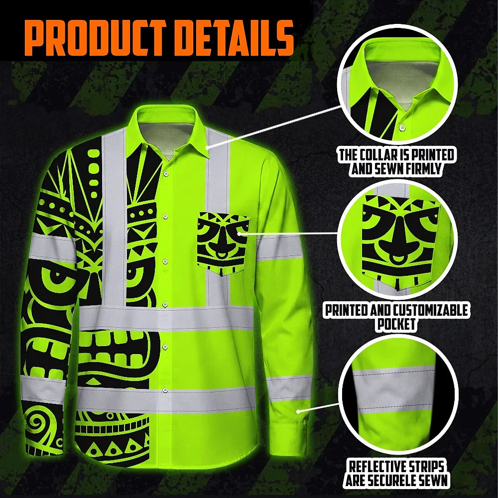 Hi Vis Hawaiian Long Sleeve Shirt Reflective Tapes TiKi Hawaiian Polynesian Tribal Custom Name Safety Workwear For Workers, Truckers, Operators