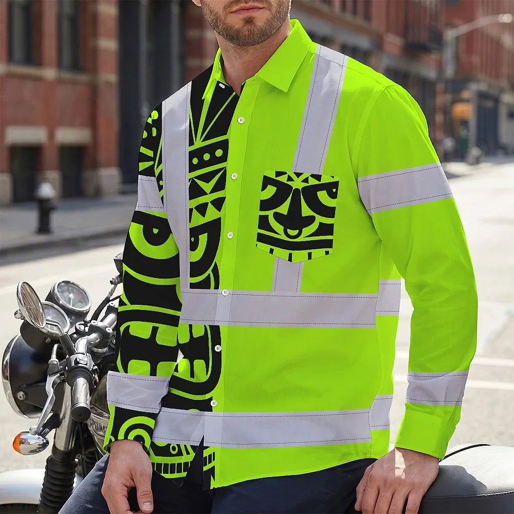 Hi Vis Hawaiian Long Sleeve Shirt Reflective Tapes TiKi Hawaiian Polynesian Tribal Custom Name Safety Workwear For Workers, Truckers, Operators