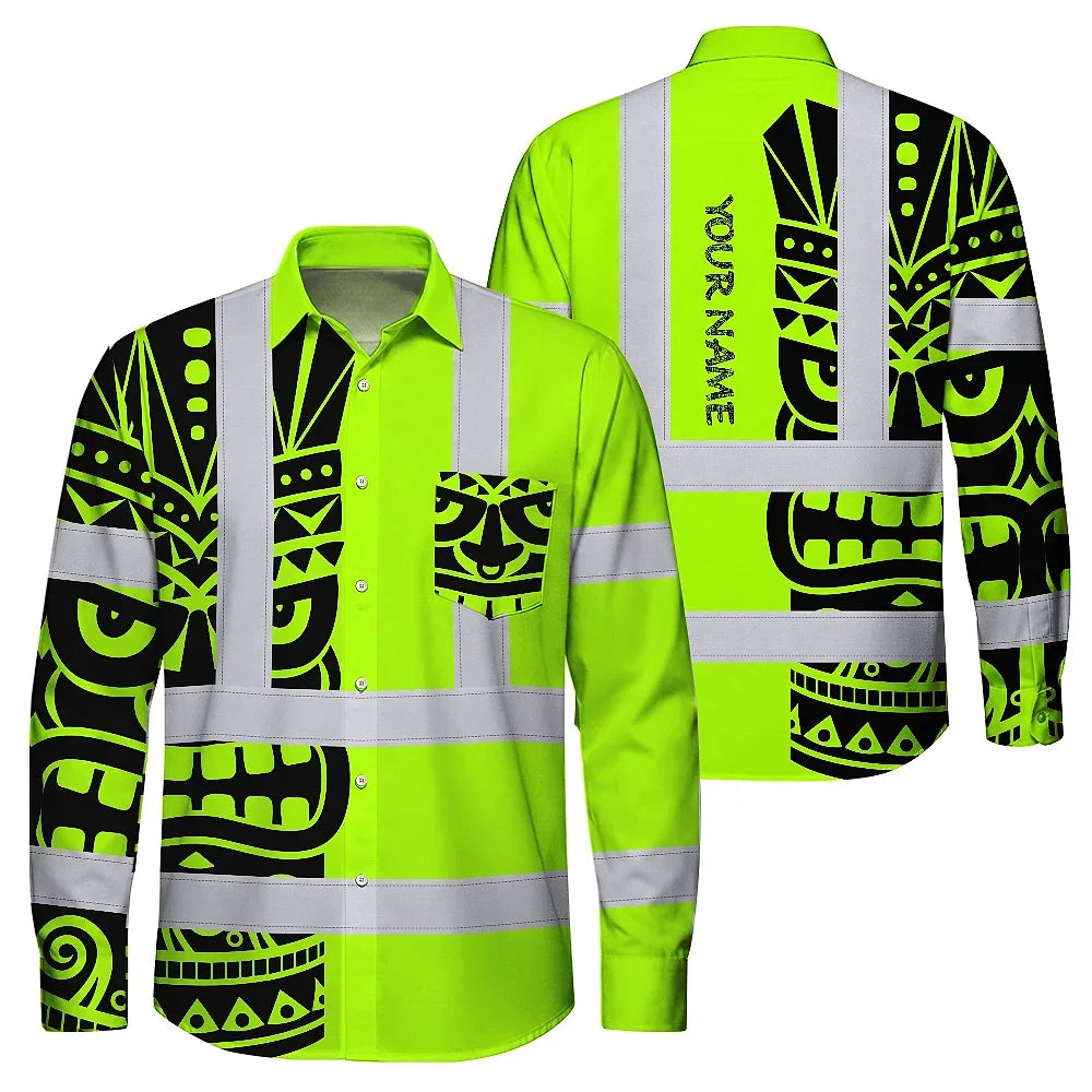 Hi Vis Hawaiian Long Sleeve Shirt Reflective Tapes TiKi Hawaiian Polynesian Tribal Custom Name Safety Workwear For Workers, Truckers, Operators