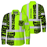 Hi Vis Hawaiian Long Sleeve Shirt Reflective Tapes TiKi Hawaiian Polynesian Tribal Custom Name Safety Workwear For Workers, Truckers, Operators