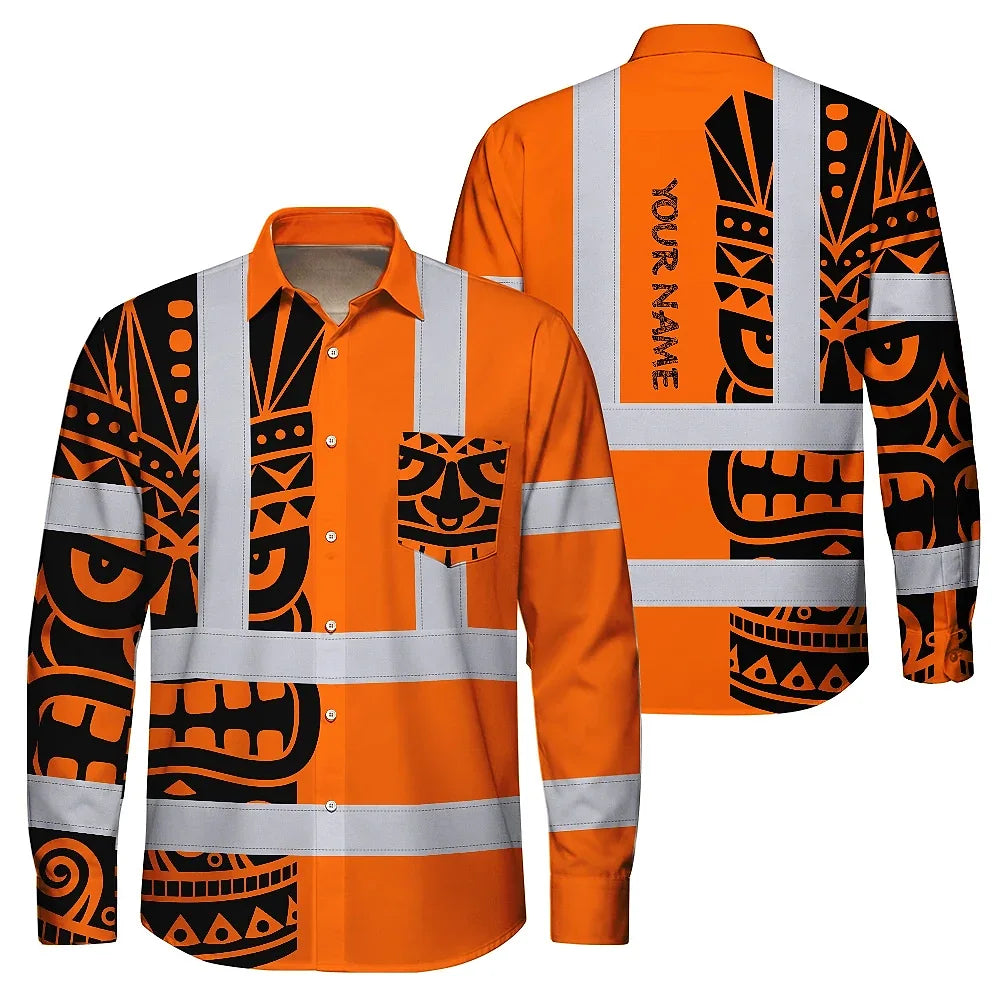 Hi Vis Hawaiian Long Sleeve Shirt Reflective Tapes TiKi Hawaiian Orange Neon Polynesian Tribal Custom Name Safety Workwear For Workers, Truckers, Operators