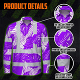 Hi Vis Hawaiian Long Sleeve Shirt Reflective Tapes Violet Neon Flowers Custom Name Safety Workwear For Workers, Truckers, Operators