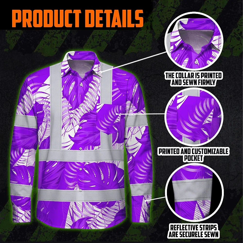 Hi Vis Hawaiian Long Sleeve Shirt Reflective Tapes Violet Neon Flowers Custom Name Safety Workwear For Workers, Truckers, Operators