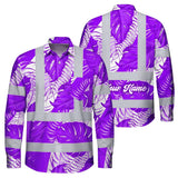 Hi Vis Hawaiian Long Sleeve Shirt Reflective Tapes Violet Neon Flowers Custom Name Safety Workwear For Workers, Truckers, Operators