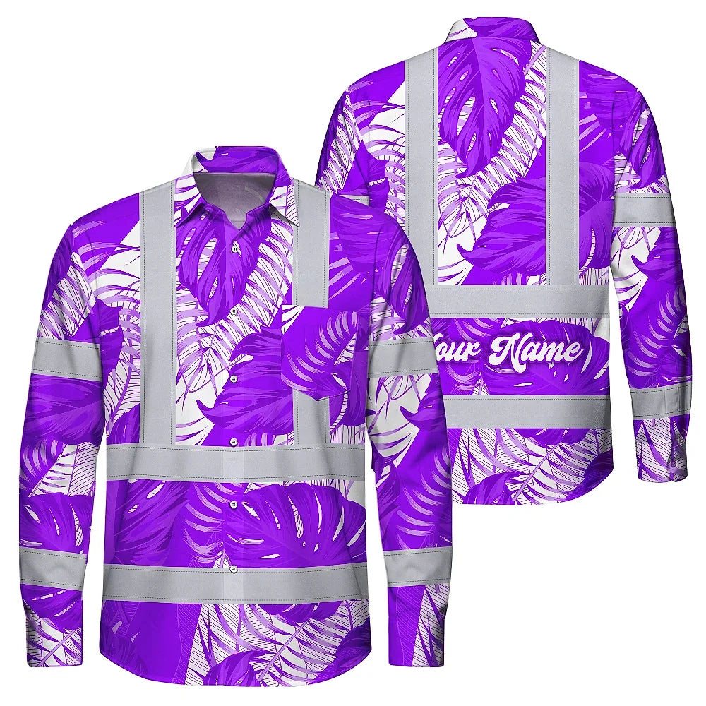 Hi Vis Hawaiian Long Sleeve Shirt Reflective Tapes Violet Neon Flowers Custom Name Safety Workwear For Workers, Truckers, Operators