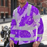 Hi Vis Hawaiian Long Sleeve Shirt Reflective Tapes Violet Neon Flowers Custom Name Safety Workwear For Workers, Truckers, Operators