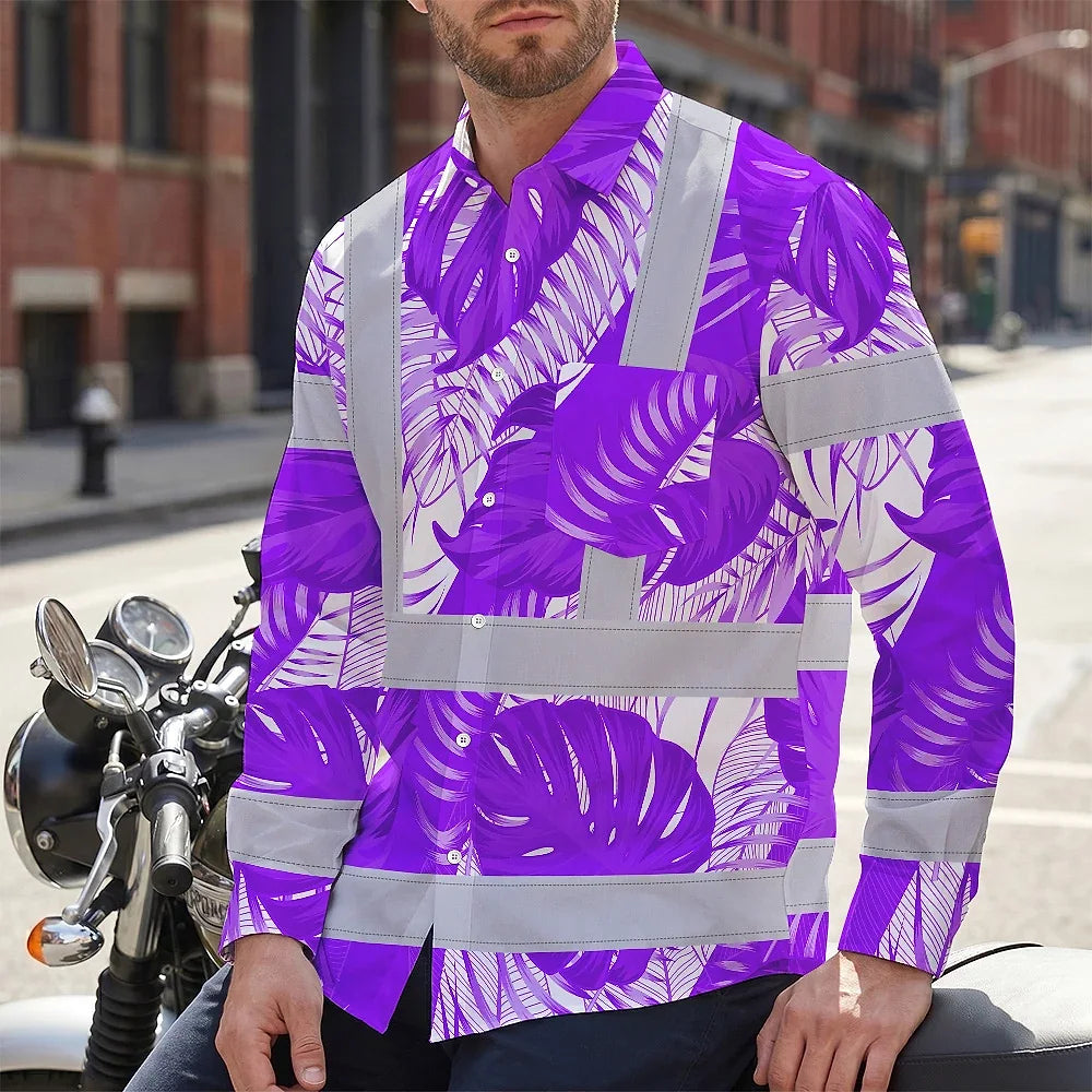 Hi Vis Hawaiian Long Sleeve Shirt Reflective Tapes Violet Neon Flowers Custom Name Safety Workwear For Workers, Truckers, Operators