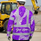 Hi Vis Hawaiian Long Sleeve Shirt Reflective Tapes Violet Neon Flowers Custom Name Safety Workwear For Workers, Truckers, Operators