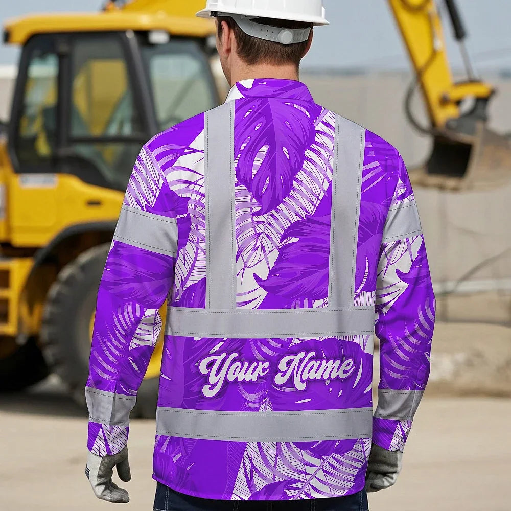 Hi Vis Hawaiian Long Sleeve Shirt Reflective Tapes Violet Neon Flowers Custom Name Safety Workwear For Workers, Truckers, Operators