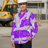 Hi Vis Hawaiian Long Sleeve Shirt Reflective Tapes Violet Neon Flowers Custom Name Safety Workwear For Workers, Truckers, Operators