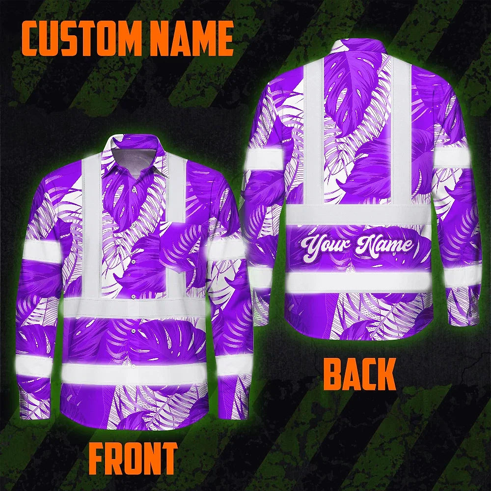 Hi Vis Hawaiian Long Sleeve Shirt Reflective Tapes Violet Neon Flowers Custom Name Safety Workwear For Workers, Truckers, Operators