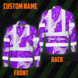 Hi Vis Hawaiian Long Sleeve Shirt Reflective Tapes Violet Neon Flowers Custom Name Safety Workwear For Workers, Truckers, Operators