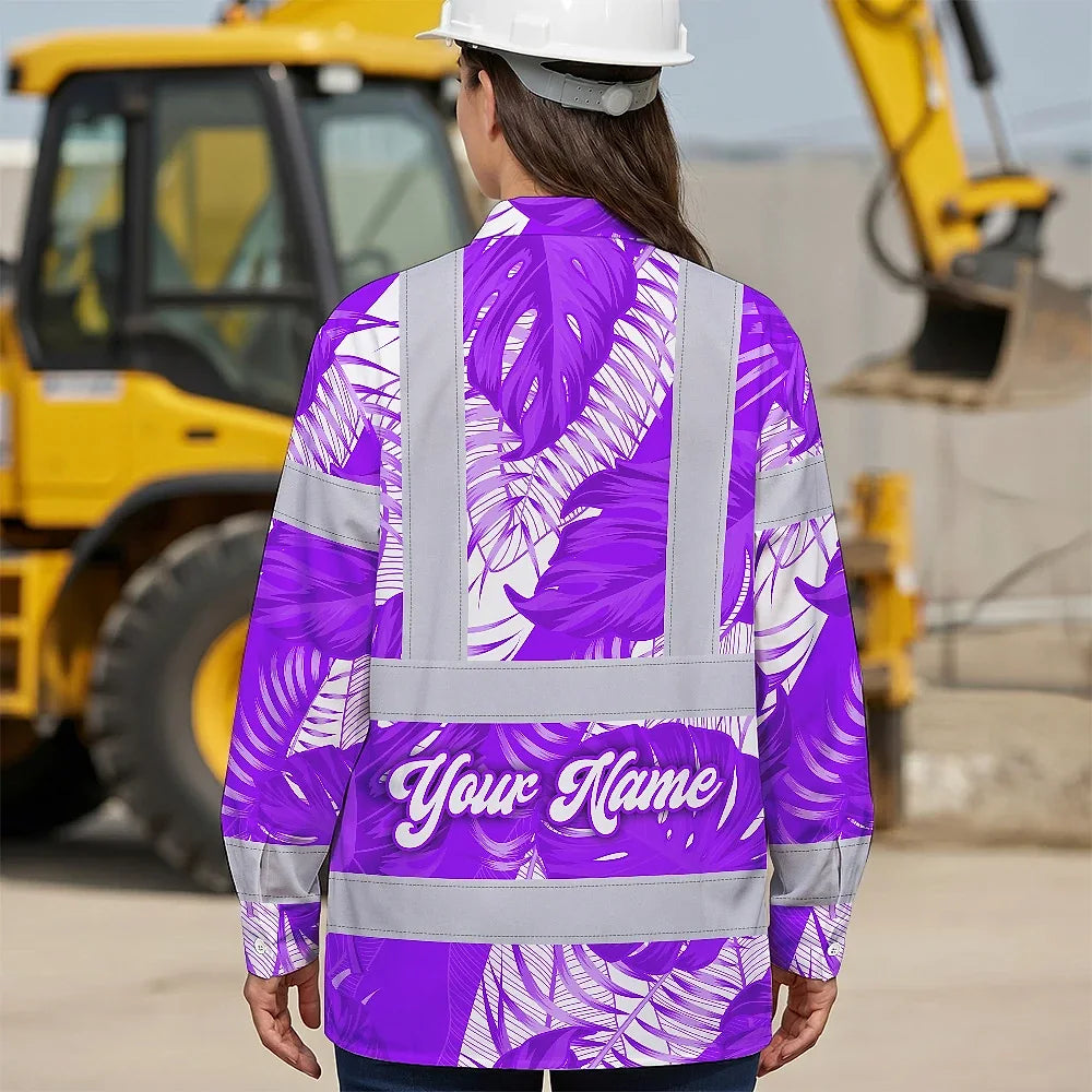 Hi Vis Hawaiian Long Sleeve Shirt Reflective Tapes Violet Neon Flowers Custom Name Safety Workwear For Workers, Truckers, Operators