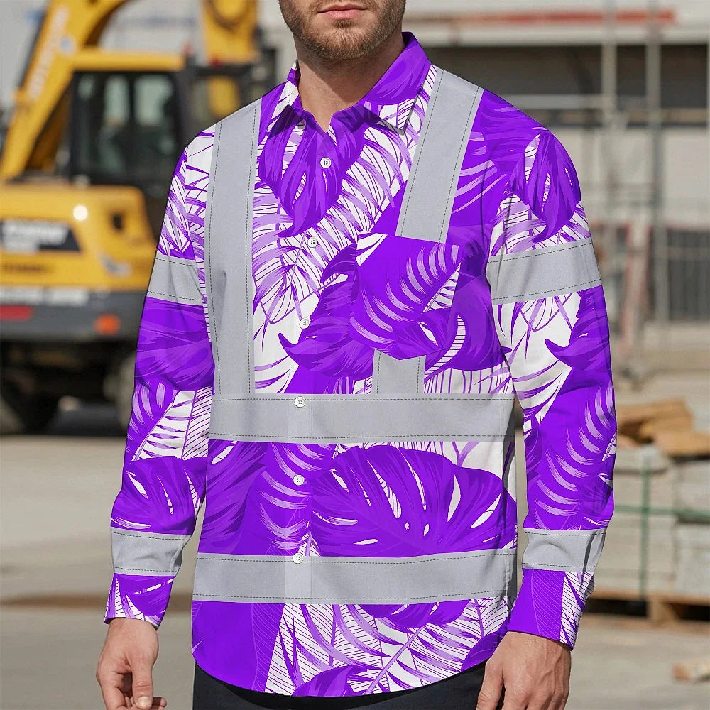 Hi Vis Hawaiian Long Sleeve Shirt Reflective Tapes Violet Neon Flowers Custom Name Safety Workwear For Workers, Truckers, Operators