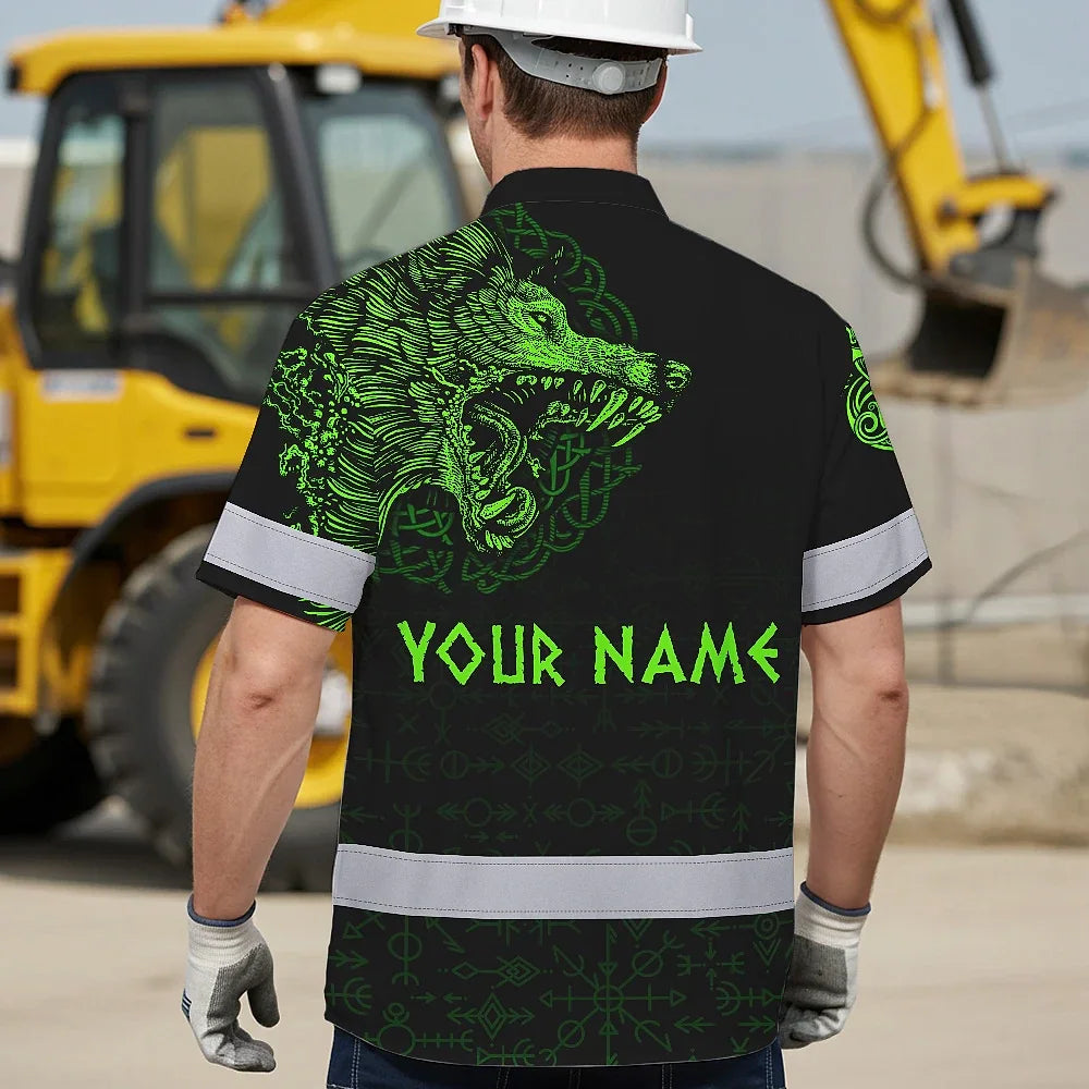 Hi Vis Hawaiian Shirt Black Reflective Green Neon Wolf Viking Symbol Custom Name