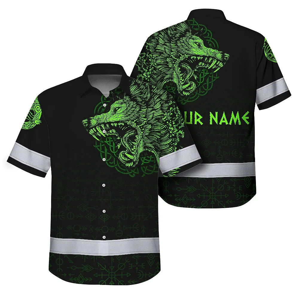 Hi Vis Hawaiian Shirt Black Reflective Green Neon Wolf Viking Symbol Custom Name