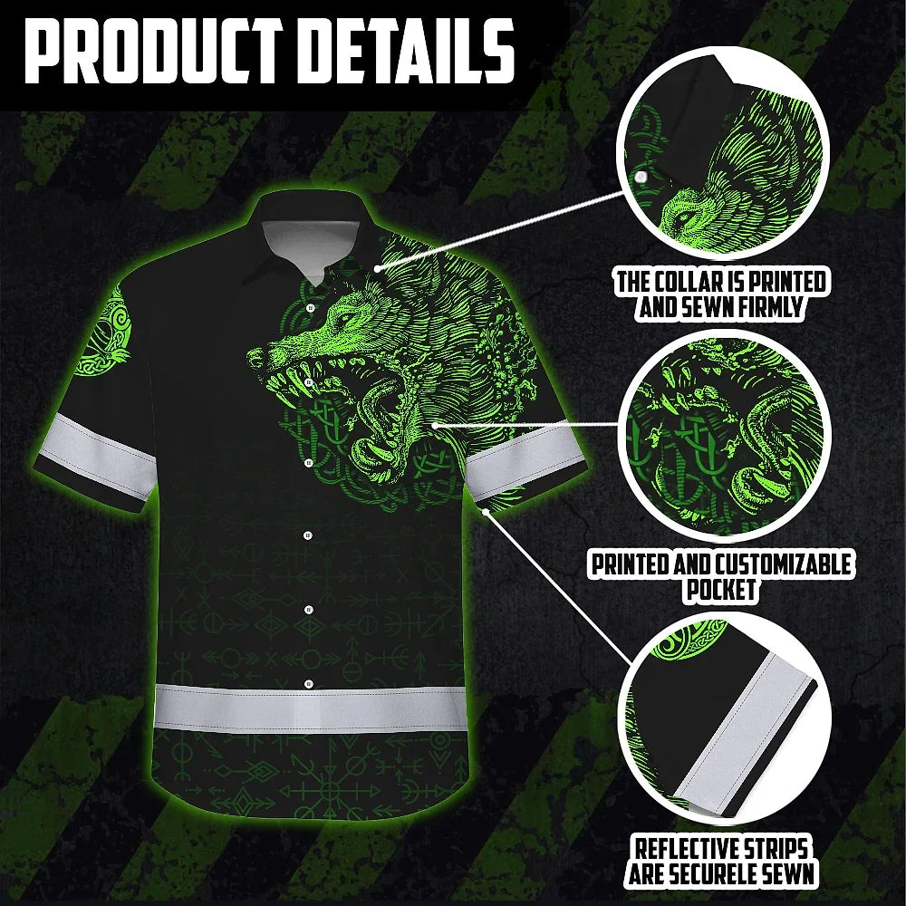 Hi Vis Hawaiian Shirt Black Reflective Green Neon Wolf Viking Symbol Custom Name