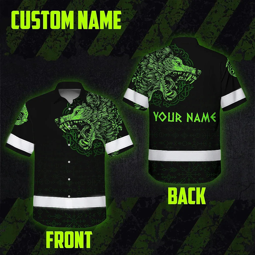 Hi Vis Hawaiian Shirt Black Reflective Green Neon Wolf Viking Symbol Custom Name