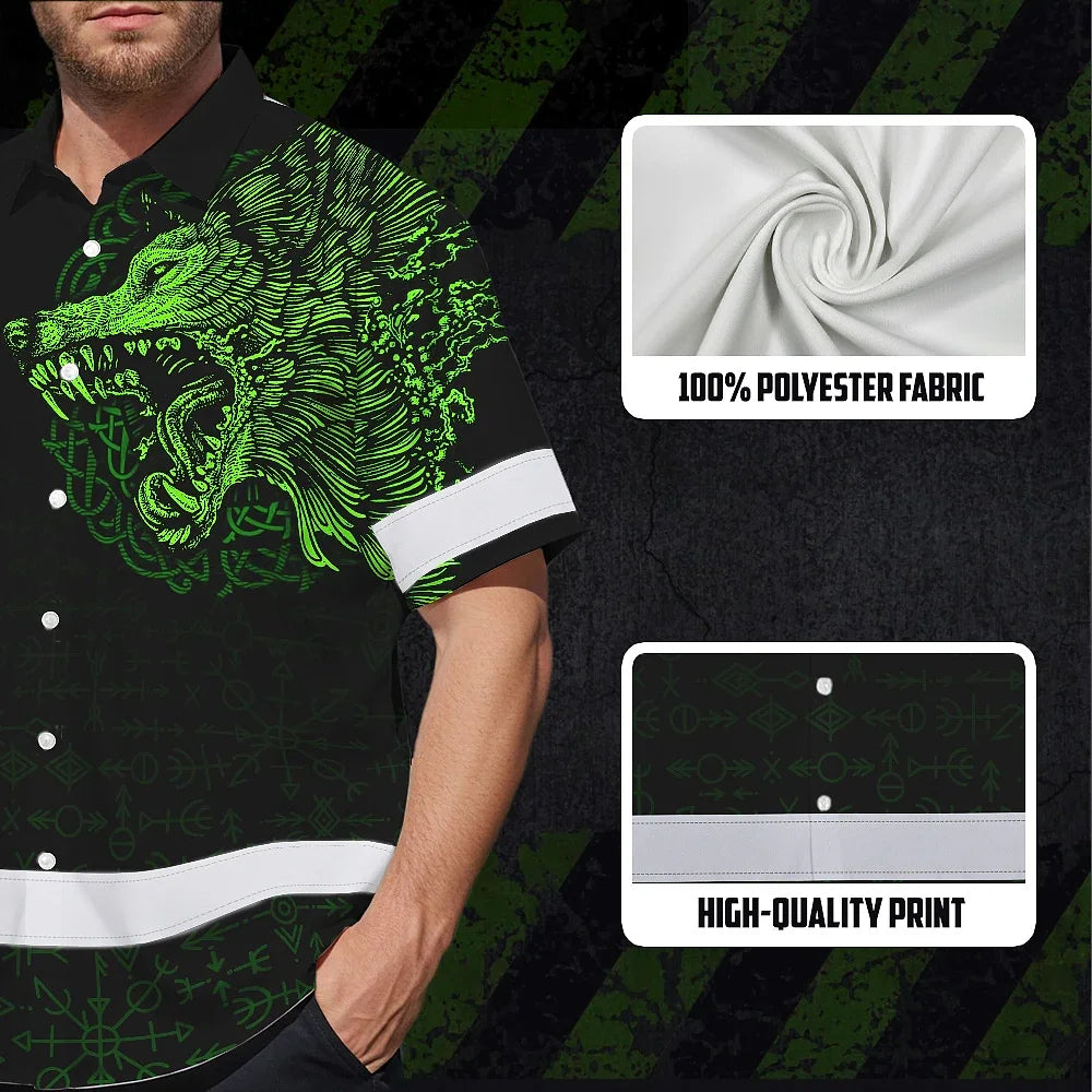 Hi Vis Hawaiian Shirt Black Reflective Green Neon Wolf Viking Symbol Custom Name