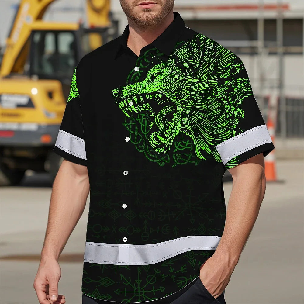 Hi Vis Hawaiian Shirt Black Reflective Green Neon Wolf Viking Symbol Custom Name