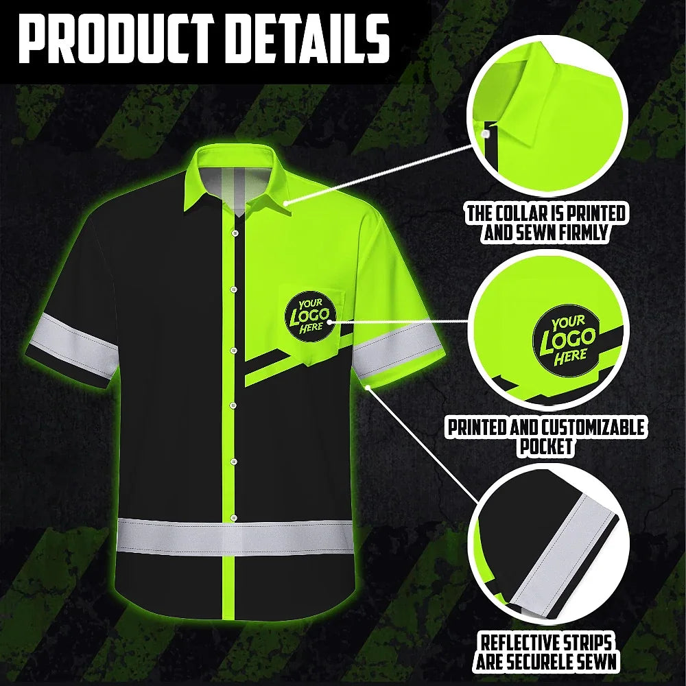 Hi Vis Hawaiian Shirt Company Uniforms Reflective Black Green Neon Custom Name And Logo