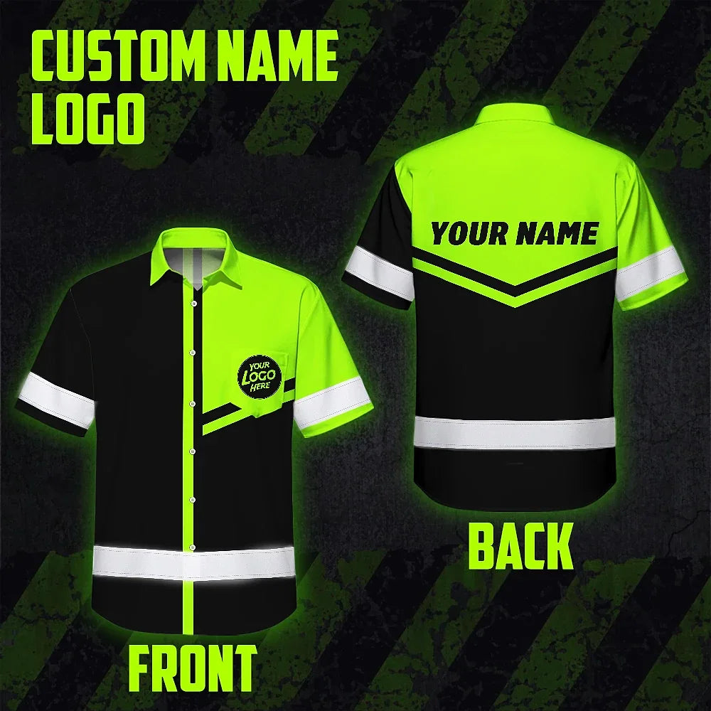 Hi Vis Hawaiian Shirt Company Uniforms Reflective Black Green Neon Custom Name And Logo