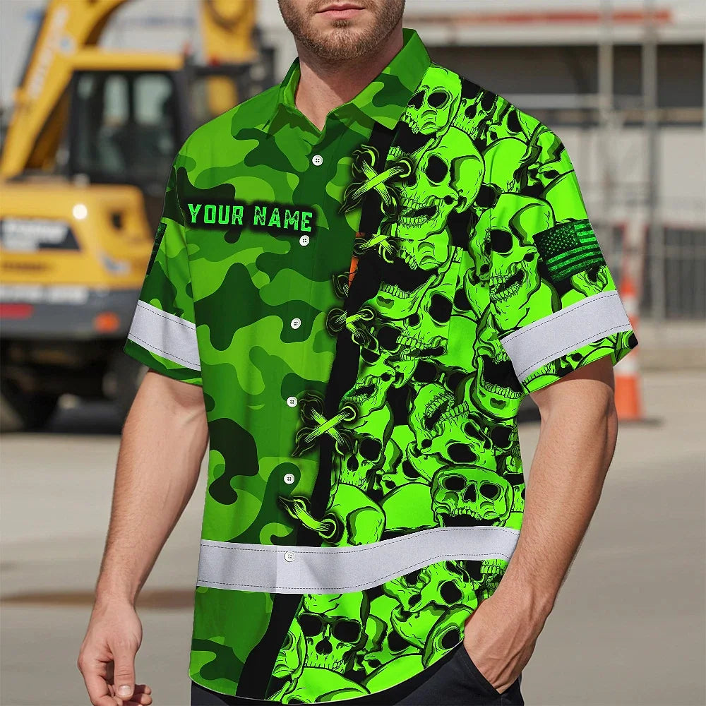 Hi Vis Hawaiian Shirt Custom Name, Pattern Skull Camo Reflective Safety Workwear For Workers, Runners, Truckers, Skull Lovers
