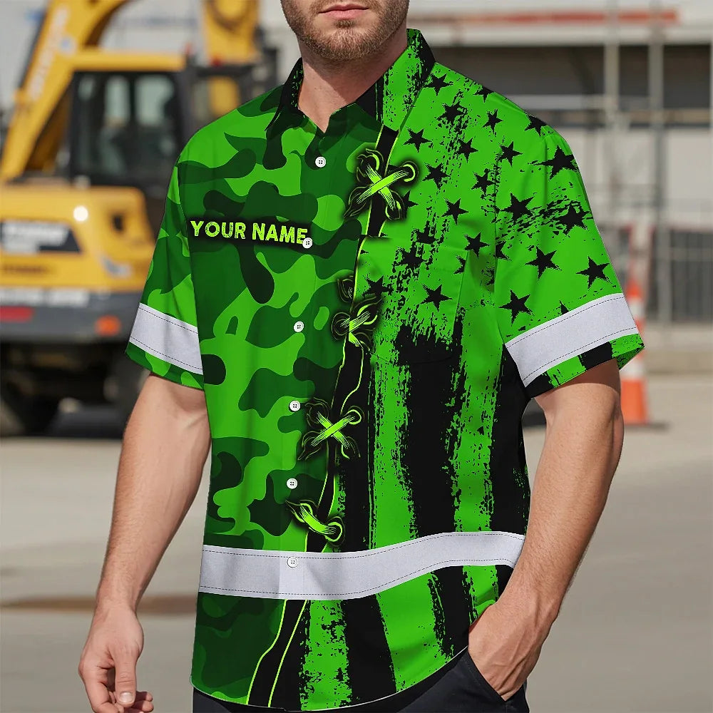 Hi Vis Hawaiian Shirt Custom Name, Pattern Skull Camo Reflective Safety Workwear For Workers, Runners, Truckers, Skull Lovers