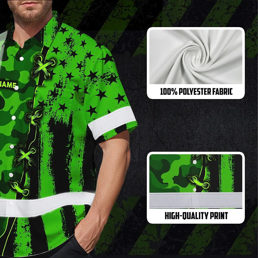 Hi Vis Hawaiian Shirt Custom Name, Pattern Skull Camo Reflective Safety Workwear For Workers, Runners, Truckers, Skull Lovers