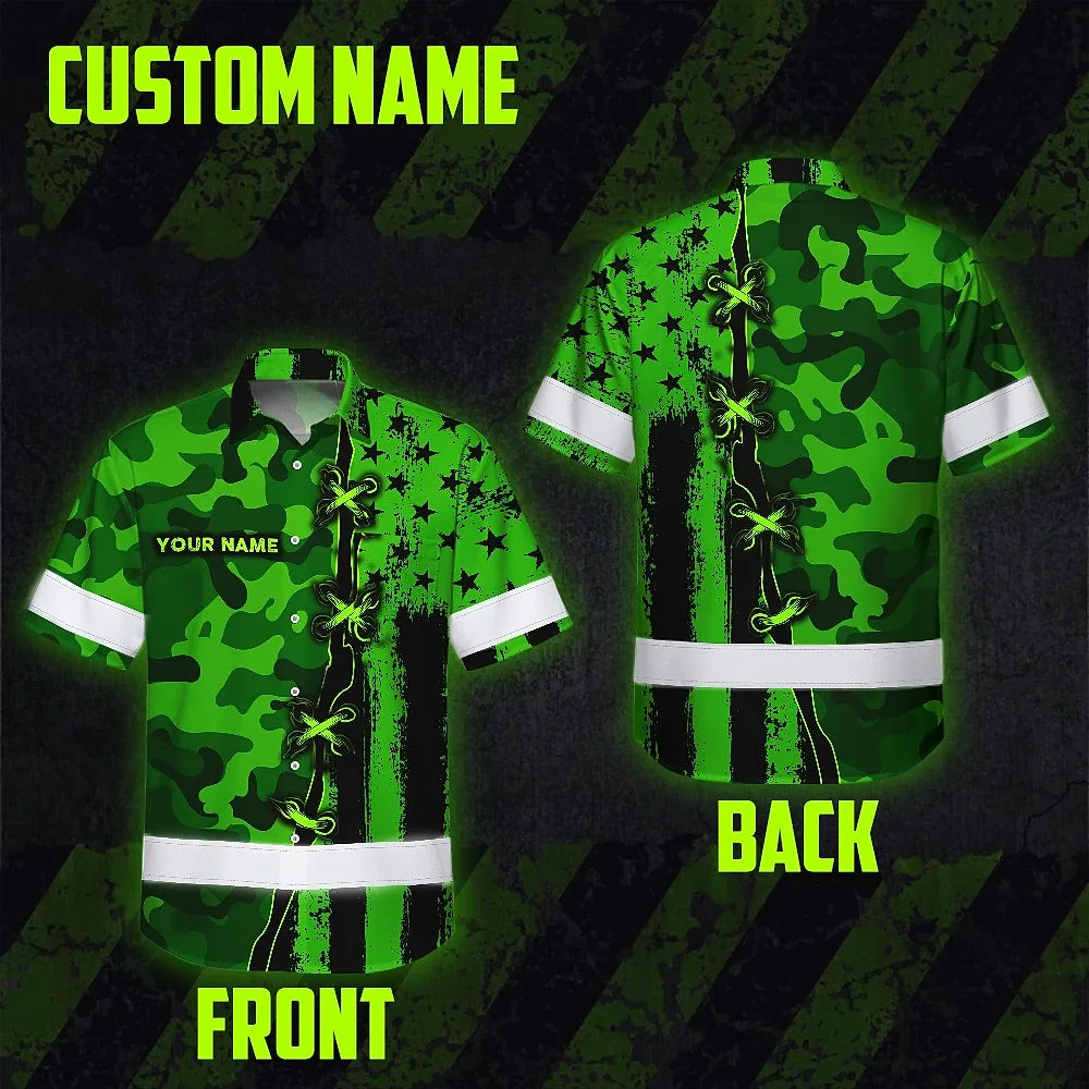 Hi Vis Hawaiian Shirt Custom Name, Pattern Skull Camo Reflective Safety Workwear For Workers, Runners, Truckers, Skull Lovers