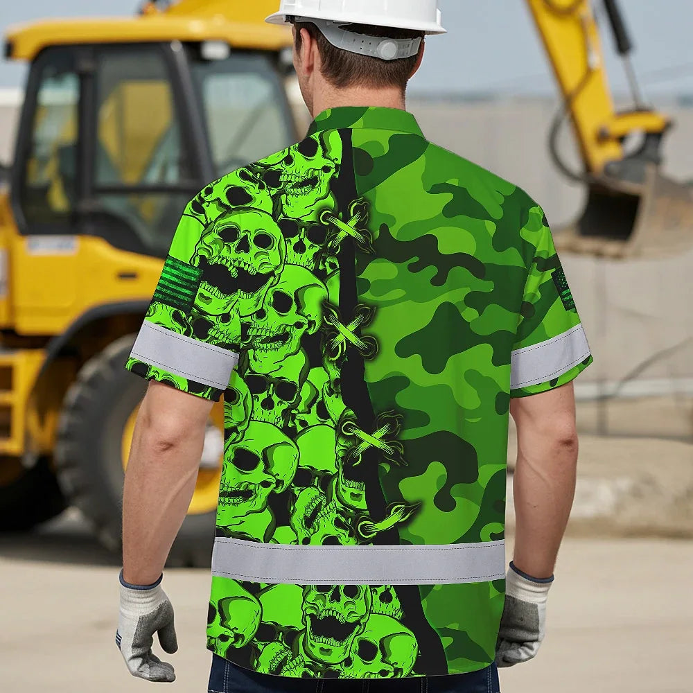 Hi Vis Hawaiian Shirt Custom Name, Pattern Skull Camo Reflective Safety Workwear For Workers, Runners, Truckers, Skull Lovers